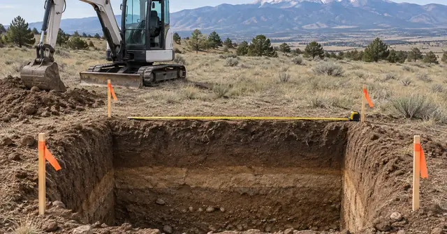 Soil profile pit dug on a rural Colorado lot with survey stakes and a compact excavator behind it