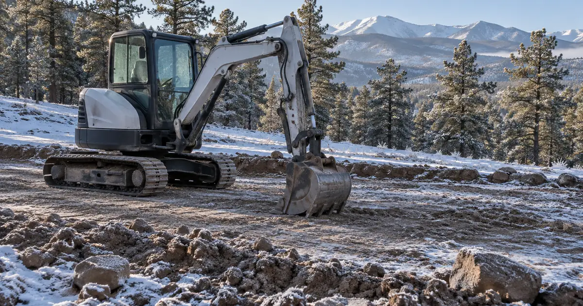 Compact excavator parked on a frost-covered building pad among pine trees on a Colorado lot