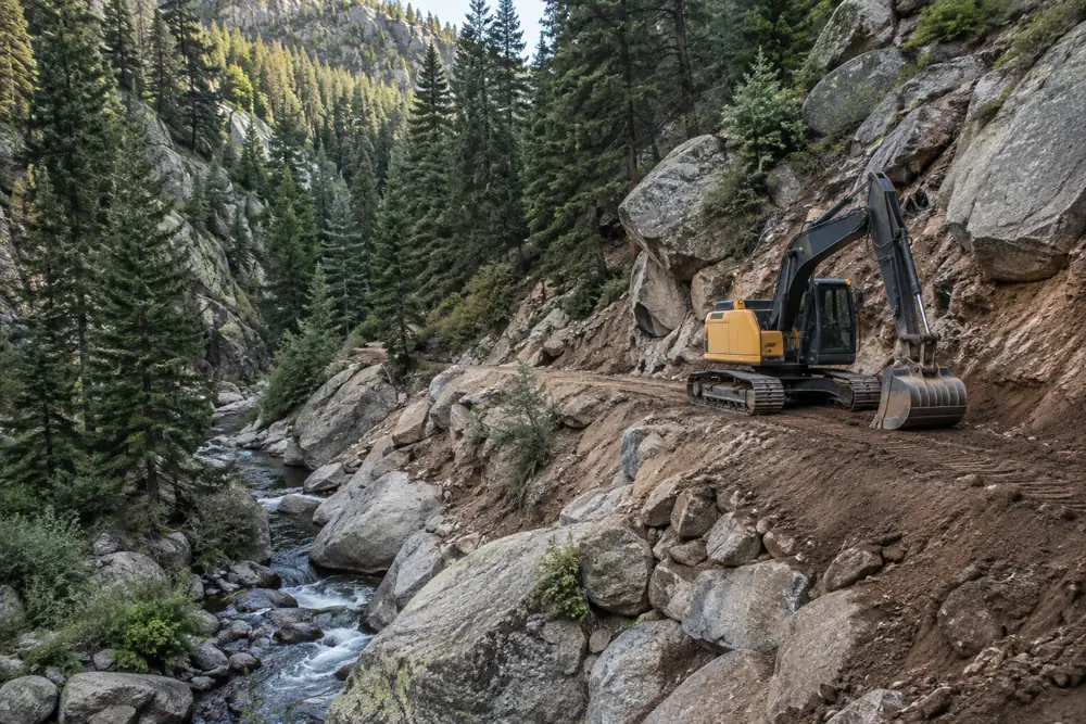 Excavator on a narrow graded pad on a steep forested hillside with granite rock