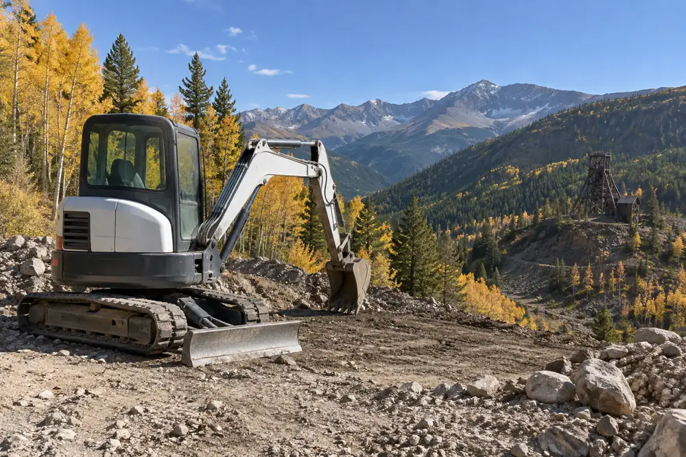 Excavator on a rocky hillside lot with golden aspen trees and an old mine headframe in the distance