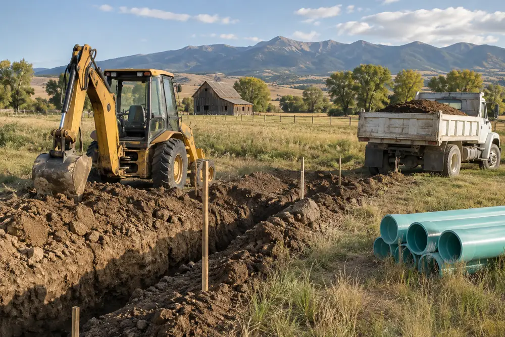 Backhoe beside a fresh trench on grassland with scattered cottonwood trees and a weathered barn