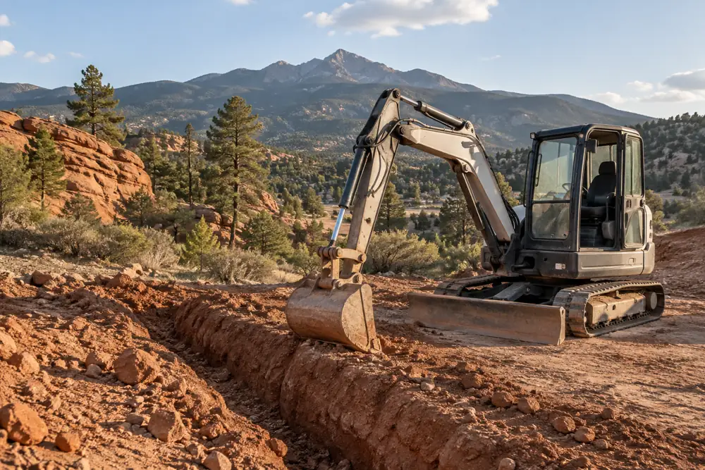 Compact excavator on a graded pad beside red sandstone outcrops and pine trees