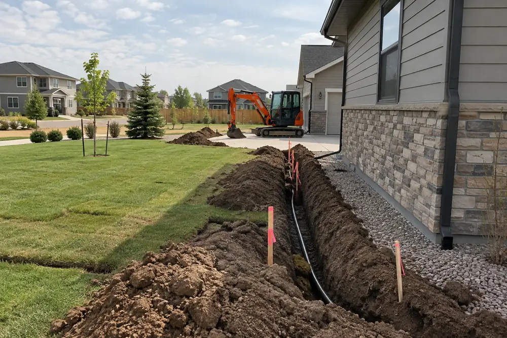 Trench dug along a new house with stakes and string lines marking the layout