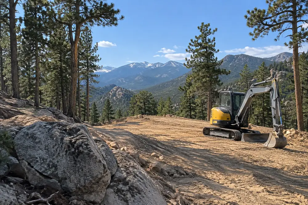 Compact excavator on a graded building pad among ponderosa pines and granite boulders