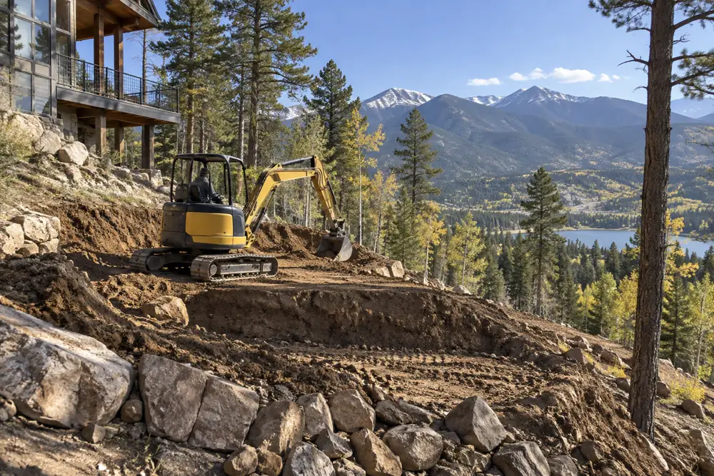 Small excavator working a terraced pad on a steep, pine-covered mountain lot