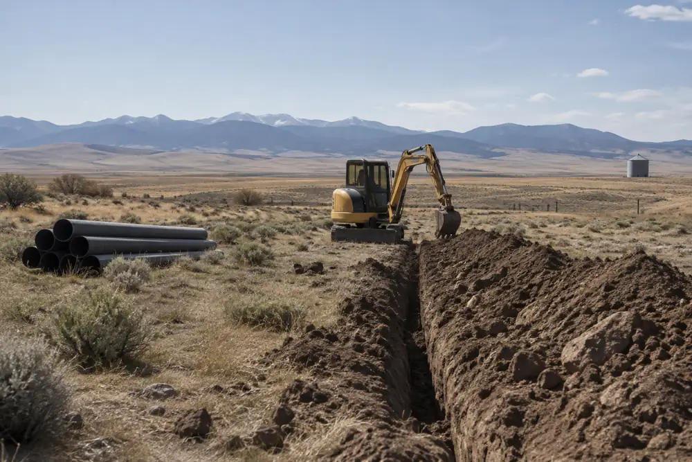 Small excavator and a narrow trench on short-grass prairie with a distant grain silo
