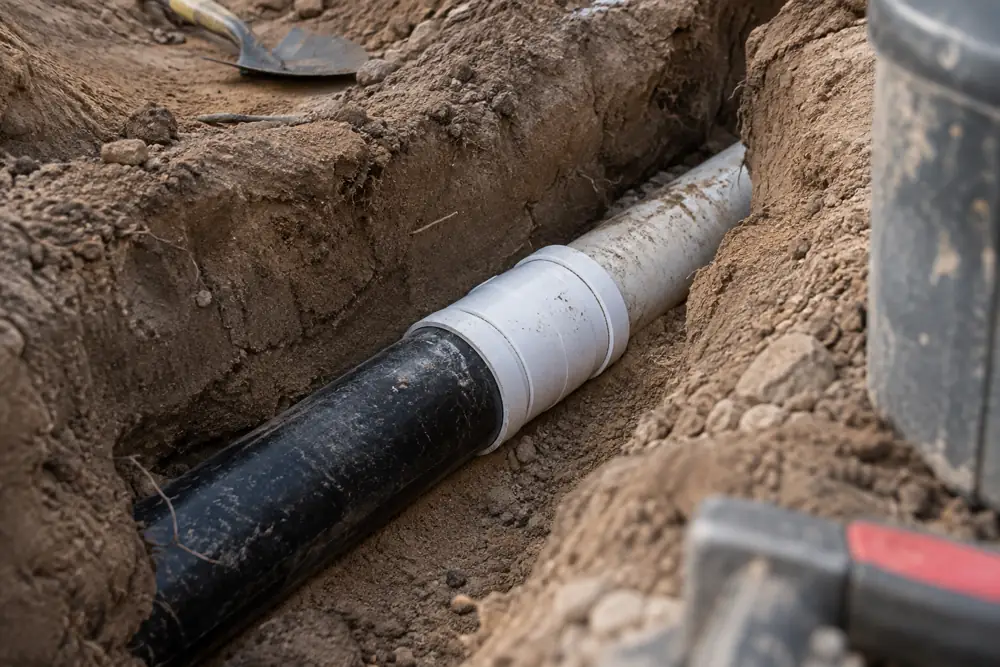 Section of PVC sewer pipe with a new coupling in a clean trench