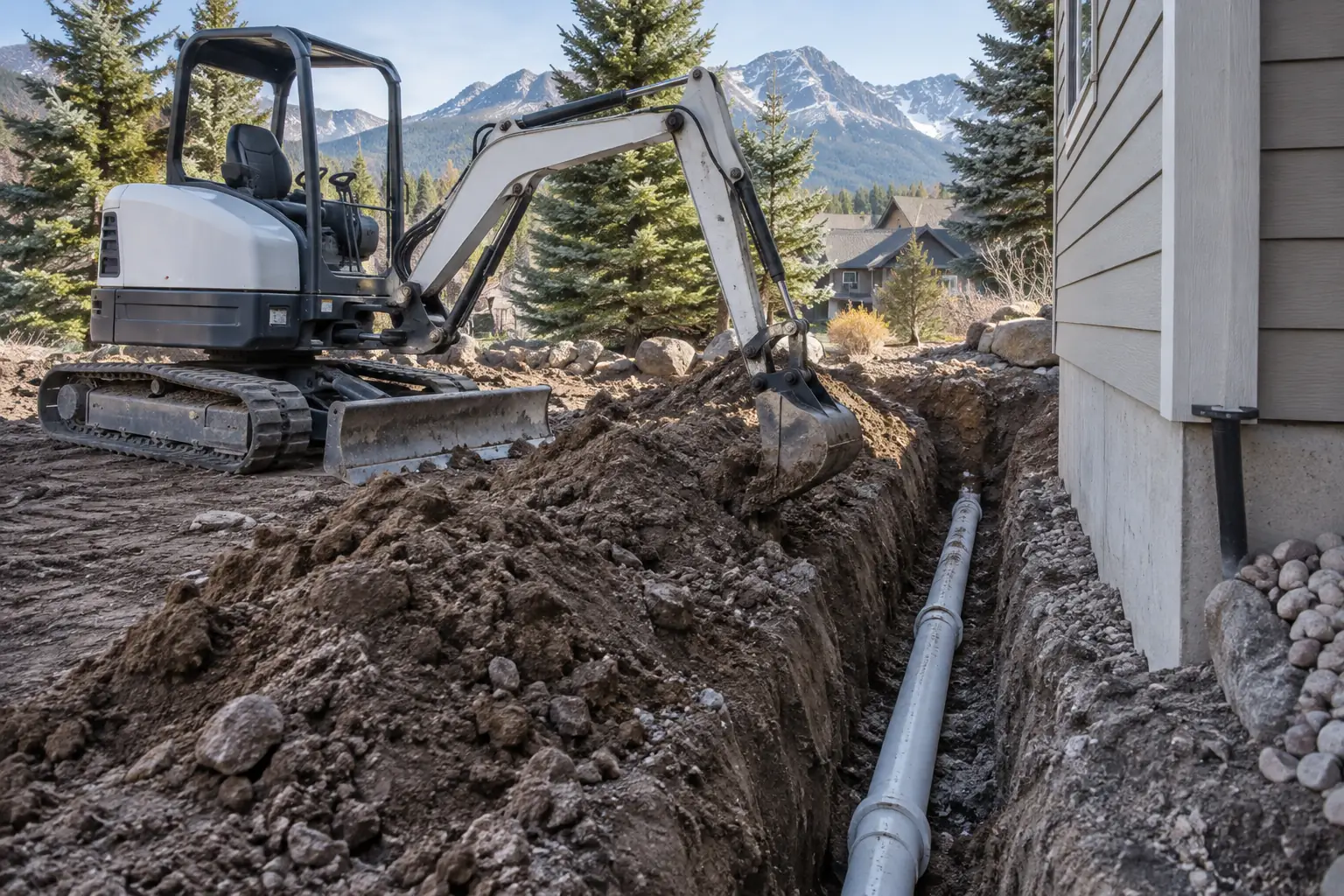 Compact excavator digging a trench beside a house to repair a buried sewer line
