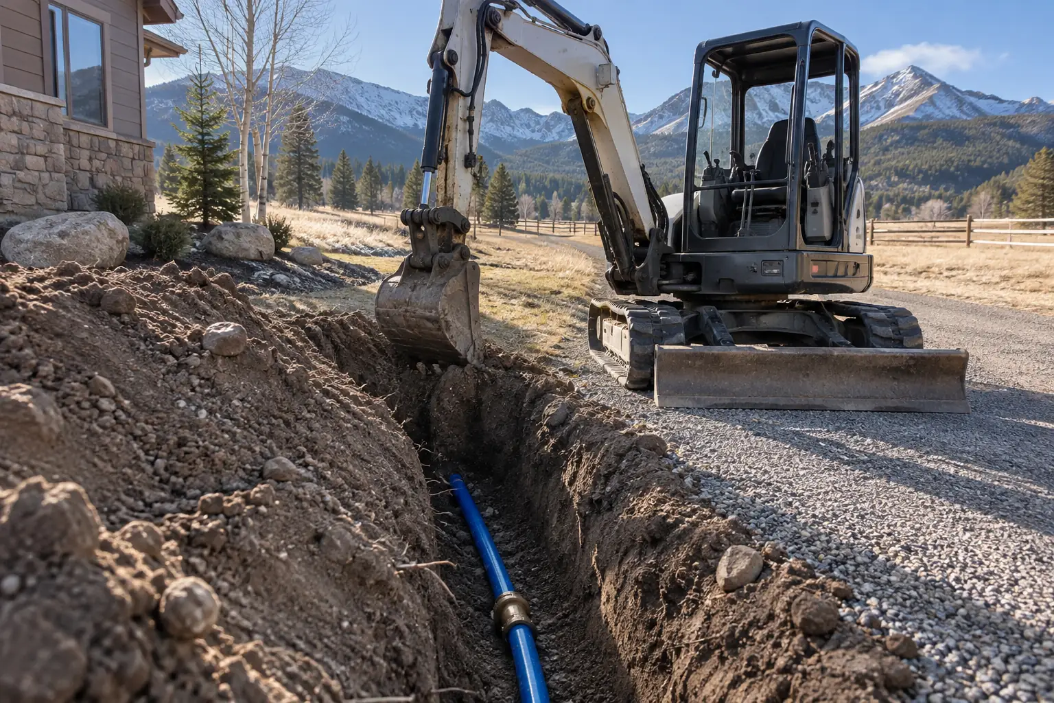 Trench beside a gravel driveway with a water service line being repaired