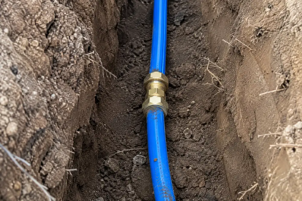 Blue water service line connected with a brass fitting in a narrow trench